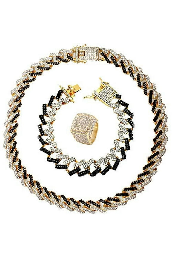 Zig Zag Bling'ed Out Necklace - New Cuban Z Links w/ 3 Row Diamonds on Each Side with Matching Z Links Bracelets (Black - Ring Size 12)