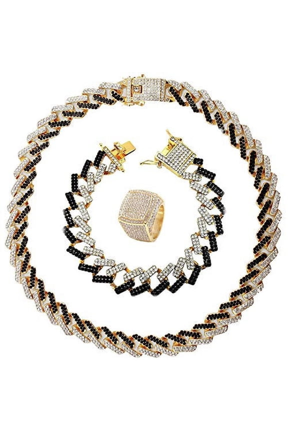 Zig Zag Bling'ed Out Necklace - New Cuban Z Links w/ 3 Row Diamonds on Each Side with Matching Z Links Bracelets (Black - Ring Size 9)