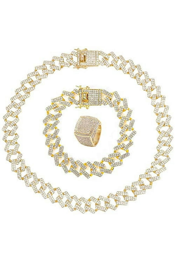 Zig Zag Bling'ed Out Necklace - New Cuban Z Links w/ 3 Row Diamonds on Each Side with Matching Z Links Bracelets (Gold - Ring Size 11)