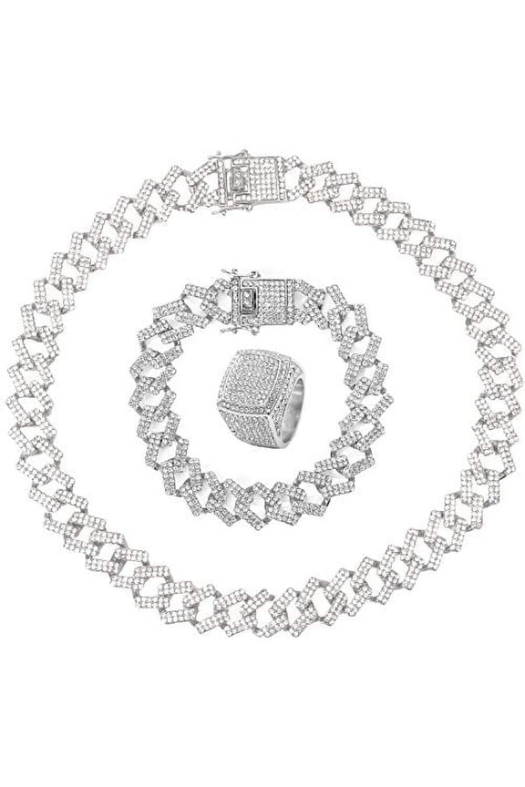Zig Zag Bling'ed Out Necklace - New Cuban Z Links w/ 3 Row Diamonds on Each Side with Matching Z Links Bracelets (Silver - Ring Size 9)