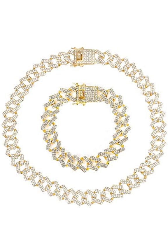 Zig Zag Bling'ed Out Necklace - New Cuban Z Links w/ 3 Row Diamonds on Each Side with Matching Z Links Bracelets (Gold)
