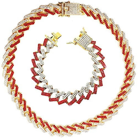 Charles Raymond Zig Zag Bling'ed Out Necklace - New Cuban Z Links w/ 3 Row Diamonds on Each Side with Matching Z Links Bracelets (Red)