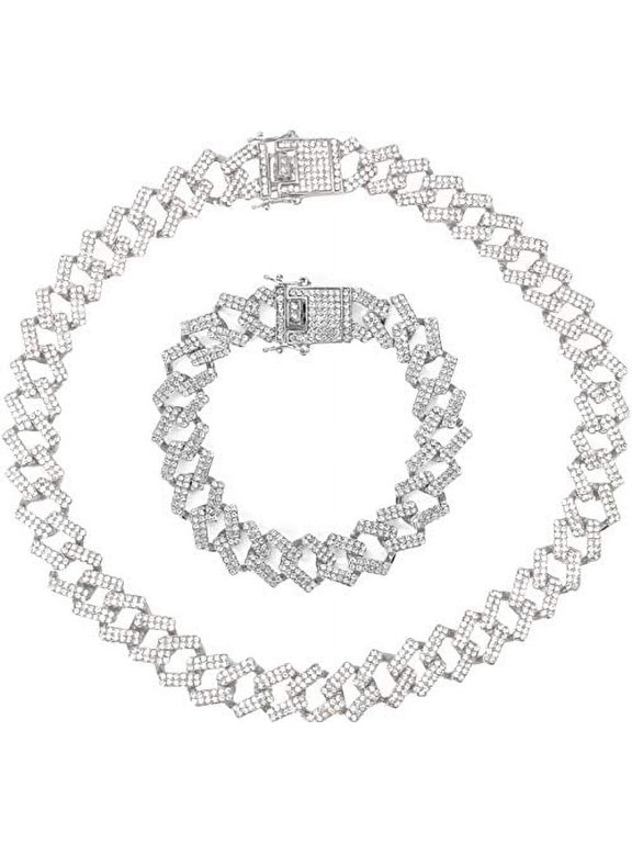 Zig Zag Bling'ed Out Necklace - New Cuban Z Links w/ 3 Row Diamonds on Each Side with Matching Z Links Bracelets (Silver)