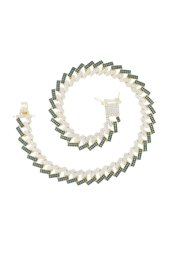 Zig Zag Bling'ed Out Necklace - ZZ Miami Cuban Necklace with Unique Lock and Iced Out Diamonds !! The Perfect Drip !! - ZZ SP Lock Gld Green -20"