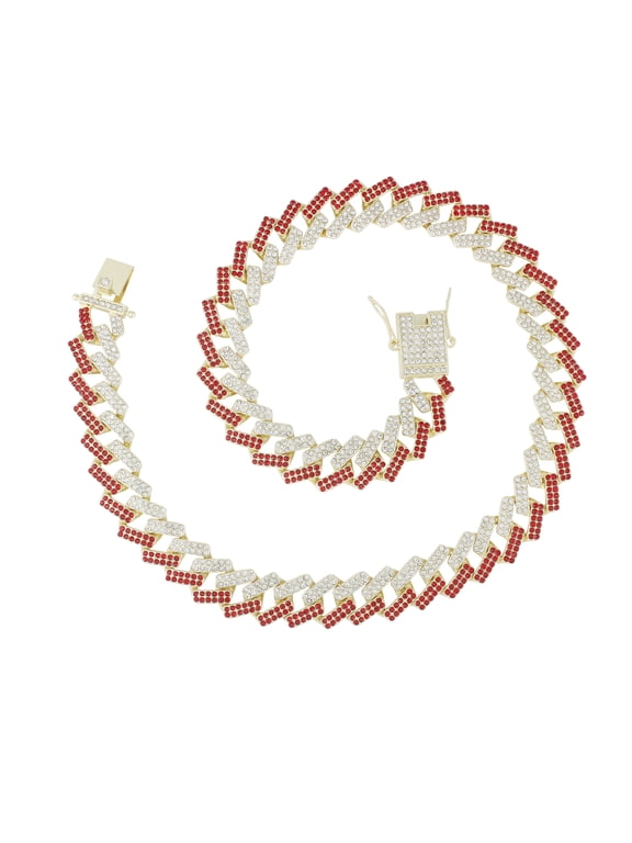 Zig Zag Bling'ed Out Necklace - ZZ Miami Cuban Necklace with Unique Lock and Iced Out Diamonds !! The Perfect Drip !! - ZZ SP Lock Gld Red -18"