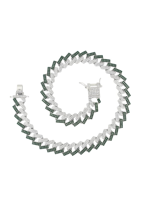 Zig Zag Bling'ed Out Necklace - ZZ Miami Cuban Necklace with Unique Lock and Iced Out Diamonds !! The Perfect Drip !! - ZZ SP Lock Slv Green -18"