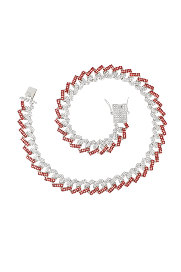 Zig Zag Bling'ed Out Necklace - ZZ Miami Cuban Necklace with Unique Lock and Iced Out Diamonds !! The Perfect Drip !! - ZZ SP Lock Slv Red -20"