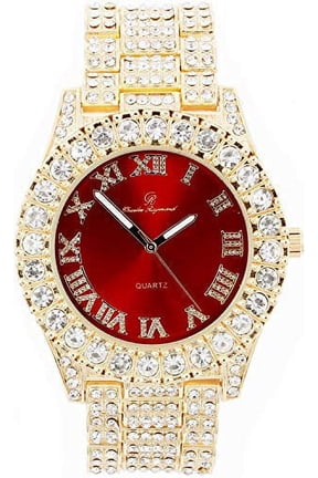 blinged Out Mens Silver Big Rocks Hip Hop with Roman Numerals Fully Iced Out Colorful Dial Watch - ST10327 RN Single (Gold Blood Red)