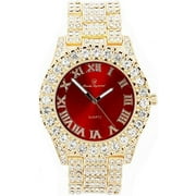 Charles Raymond blinged Out Mens Silver Big Rocks Hip Hop with Roman Numerals Fully Iced Out Colorful Dial Watch - ST10327 RN Single Gold Blood Red