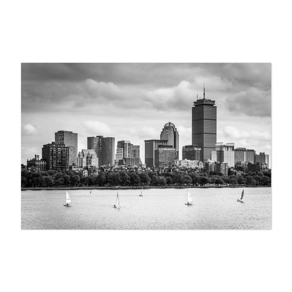 Charles River & The Boston Skyline B&W - Boston Massachusetts Photography Black and White Cityscape Skyline Boat Architecture Unframed Wall Art Print 4 x 6 inches