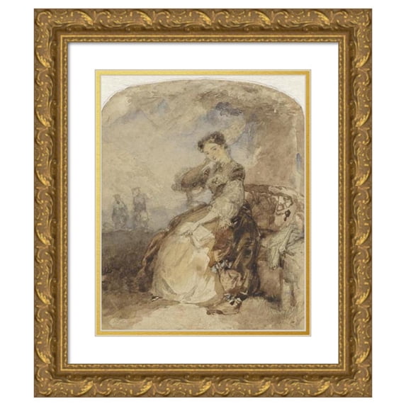 Charles Rochussen 15x18 Gold Ornate Wood Frame and Double Matted Museum Art Print Titled - Lady Sitting on a Bench Under a Tree, with a Book in Hand (1824 - 1894)