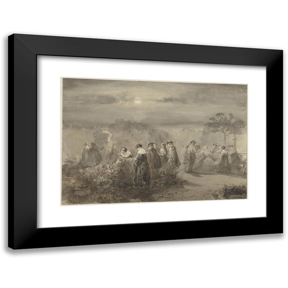 Charles Rochussen 18x14 Black Modern Framed Museum Art Print Titled - Company of Ladies and Gentlemen in a Court with Rose Bushes Lit by the Moon (1847)