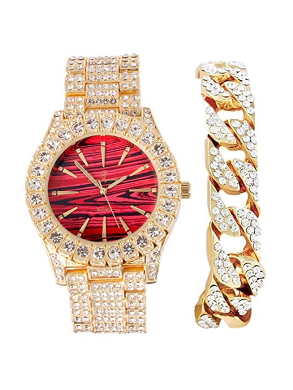 Charles Ryamond Mens Silver Big Rocks Blinged out with Roman Numerals Iced Out Hip Hop Colorful Dial Wriswatch w/Bling'ed Out Cuban Shiny Silver Bracelet - ST10327 RN Cuban (ST10236MarbleRed Gld)
