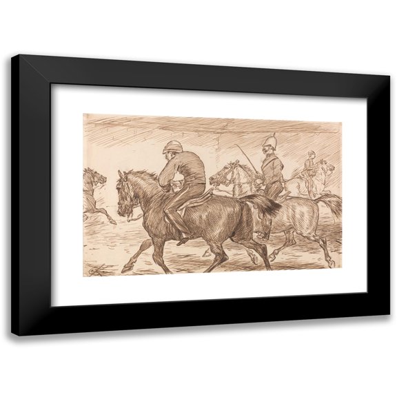 Charles Samuel Keene 14x11 Black Modern Framed Museum Art Print Titled - An Indoor Military Riding School with an Instructor Teaching Recruits to Trot