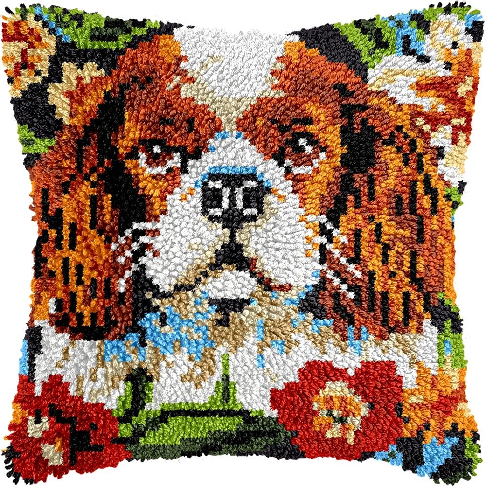 Charles Spaniel Dog Latch Hook Pillow Kits for DIY Throw Pillow Cushion Embroidery Latch Hooking Pillowcase Kits with Preprinted Canvas Crochet Yarn Kits for Home Decor 17''X 17''(d253)