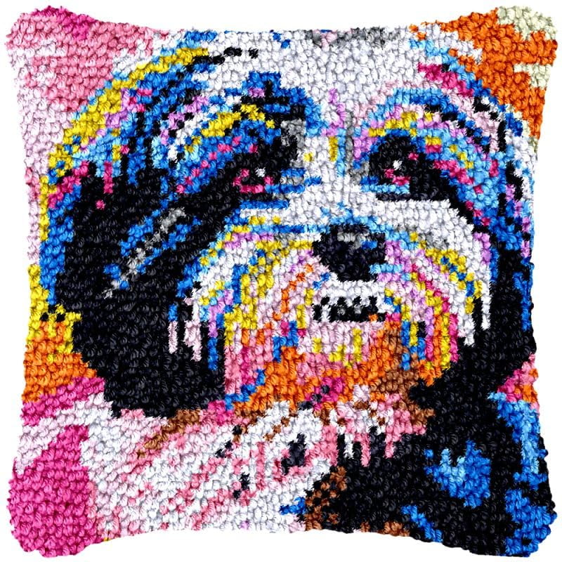 Charles Spaniel Latch Hook Pillow Cover Kits for DIY Handmade Throw Pillow Cross Stitch Latch Hook Pillowcase Rug Kits with Preprinted Color Pattern Canvas Crochet Yarn Kits 17''X 17''(ys219)