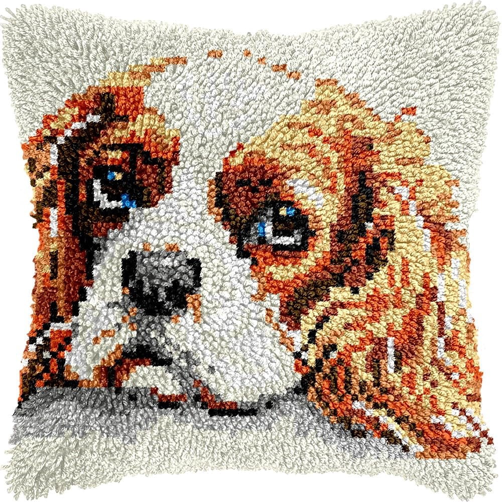 Charles Spaniel Latch Hook Pillow Kits for DIY Throw Pillow Cushion Embroidery Latch Hooking Pillowcase Kits with Preprinted Canvas Crochet Yarn Kits for Home Decor 17''X 17''(d157)
