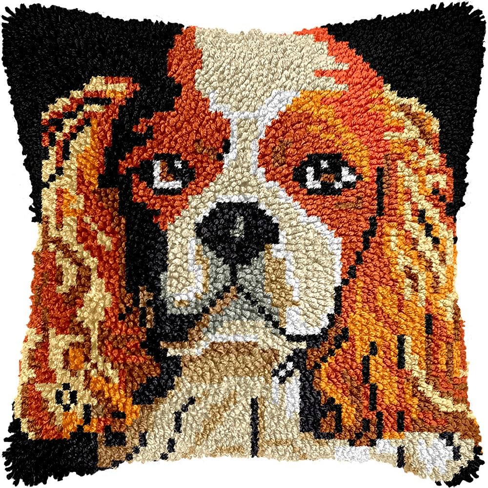 Charles Spaniel Latch Hook Pillow Kits for DIY Throw Pillow Cushion Embroidery Latch Hooking Pillowcase Kits with Preprinted Canvas Crochet Yarn Kits for Home Decor 17''X 17''(d287)