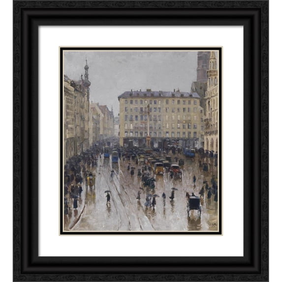 Charles Vetter 12x14 Black Ornate Wood Framed Double Matted Museum Art Print Titled: View of Marienplatz in Munich (1912)