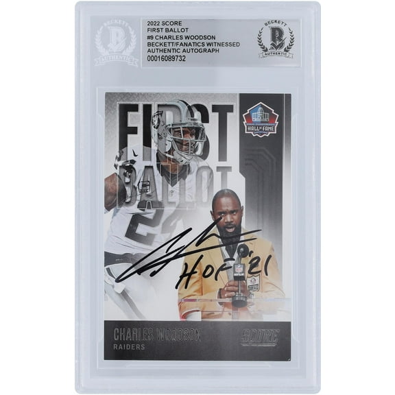 Charles Woodson Oakland Raiders Autographed 2022 Panini Score #FB-CW Beckett Fanatics Witnessed Authenticated Card with "HOF 21" Inscription - Fanatics Authentic Certified
