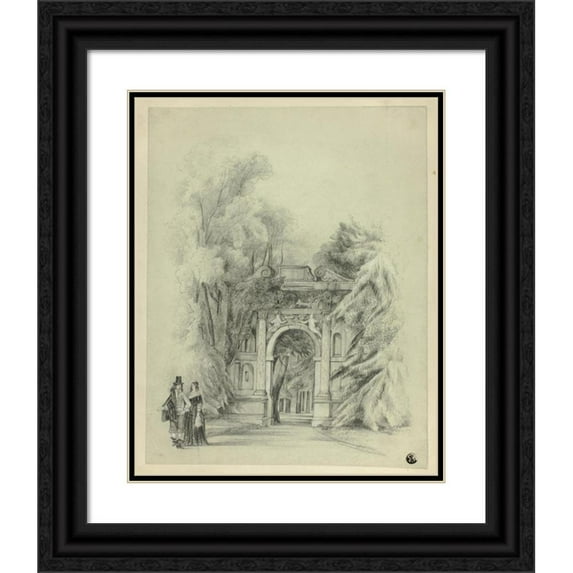 Charles de Anson 12x14 Black Ornate Wood Framed Double Matted Museum Art Print Titled: Couple in 17th Century Dress Standing Before Entrance to Park (1864)