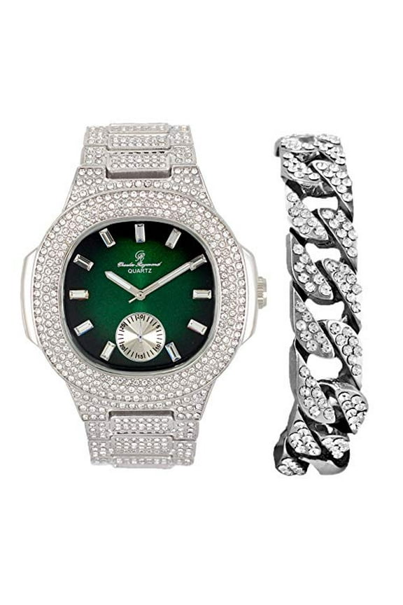 Bigger is Better Oversized or Baguette Diamonds for The Luxurious Blinged Out Oblong Metal Mens Watch w/Cuban Bracelet- ST10316CE Cuban (ST10235VO Silver Emerald Green)