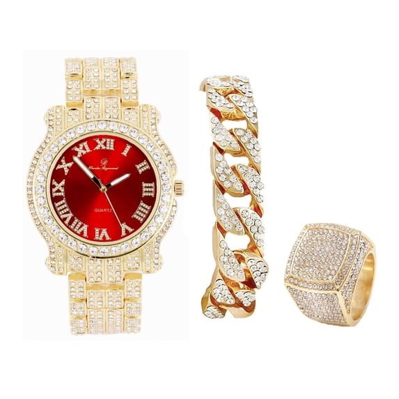 Charles raymond Bling-ed Out Round Luxury Mens Watch w/Bling-ed Out Cuban Bracelet and Iced King Ring Set - L0504 BR 3pc Set (8,Red-Gold)