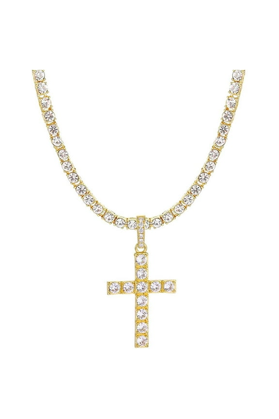 Iced Out Cross Pendant on Tennis Chain for Men or Women - Bling'ed Out Hip Hop Jewelry on Blast! - Gold or Silver and Size Your Choice - TN001 Cross (20" Gold)