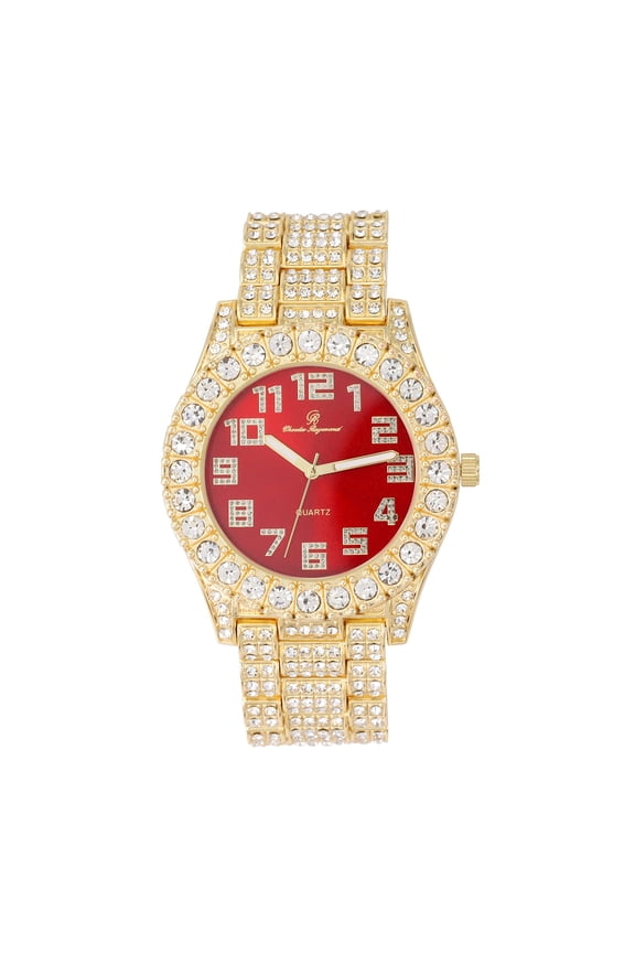 Mens Big Rocks with Numerals Fully Iced Out Colorful Dial Blinged Out Hip Hop Watch - ST10327AR Single Gold Blood Red