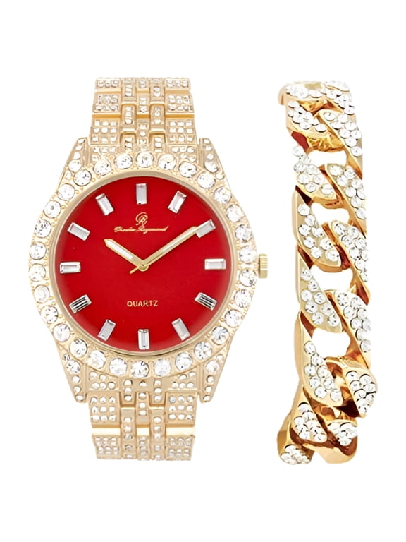 Mens Wristwatch w/Iced out Rolly Hip Hop Bracelet - Big Rhinestones on Trim and Elegant Baguette Time Indicators on Dial - Master Blinged Out Designer - ST10226B (Gold Bright Red)
