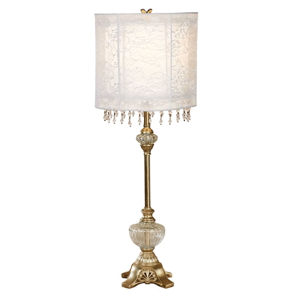 Charlesia Champagne Gold Tall Table Lamp | Beaded Lace Double Shade | Resin Candlestick