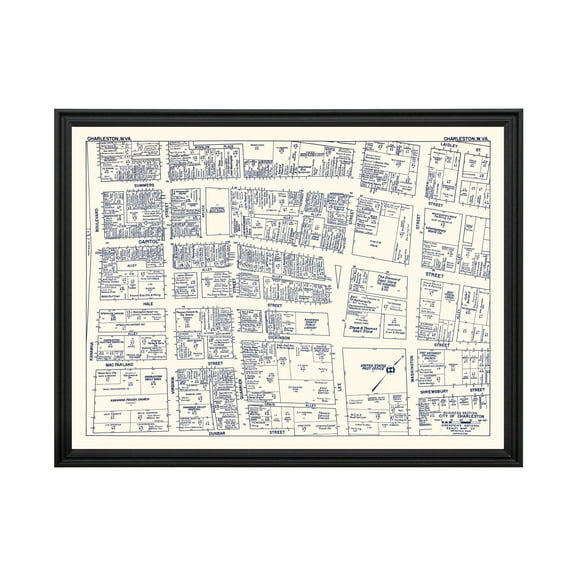 Charleston Art, 1950 Vintage Map of Downtown Charleston West Virginia, WV History Wall Decor Gift, Old Charleston Map - 24" x 18" Black Framed Print