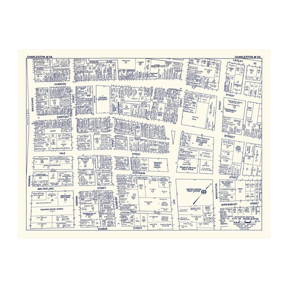 Charleston Art, 1950 Vintage Map of Downtown Charleston West Virginia, WV History Wall Decor Gift, Old Charleston Map - 24" x 18" Unframed Print
