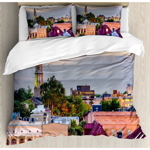 Charleston Duvet Cover Set Queen Size, American Landscape from South Carolina Architecture Theme Buildings Urban Life, Decorative 3 Piece Bedding Set with 2 Pillow Shams, Multicolor, by Ambesonne