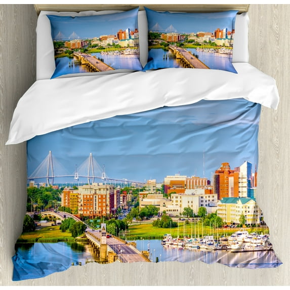 Charleston Duvet Cover Set Queen Size, South Carolina Landscape Bridge over Ashley River Spring Season Morning Scene, Decorative 3 Piece Bedding Set with 2 Pillow Shams, Multicolor, by Ambesonne
