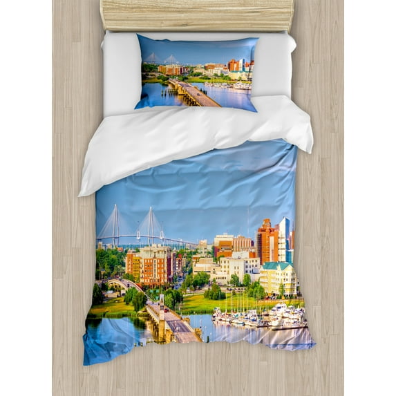 Charleston Duvet Cover Set Twin Size, South Carolina Landscape Bridge over Ashley River Spring Season Morning Scene, Decorative 2 Piece Bedding Set with 1 Pillow Sham, Multicolor, by Ambesonne