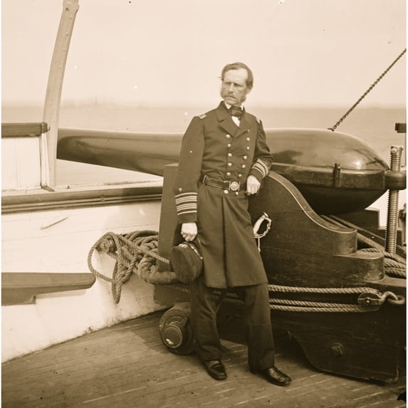 Charleston Harbor, South Carolina. Rear Adm. John A. Dahlgren standing by a Dahlgren gun on deck of U.S.S. PAWNEE Poster Print (18 x 24)