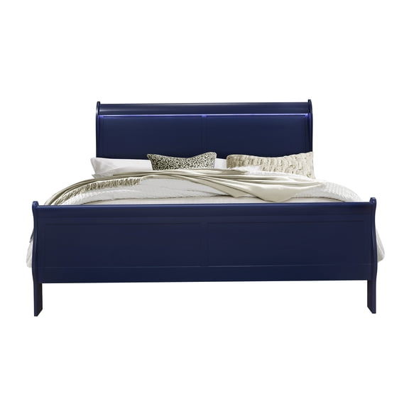 Charleston Modern King Size LED Bed Frame, Blue Wood Sleigh Platform Bed with Built-in Lighting, No Box Spring Needed