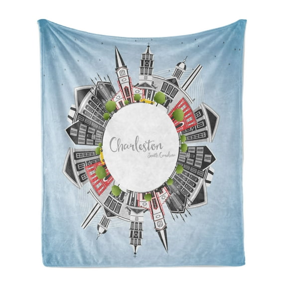 Charleston Soft Flannel Fleece Blanket, Buildings on a Globe Pattern American Urban Architecture on Blue Ombre Backdrop, Cozy Plush for Indoor and Outdoor Use, 50" x 70", Multicolor, by Ambesonne