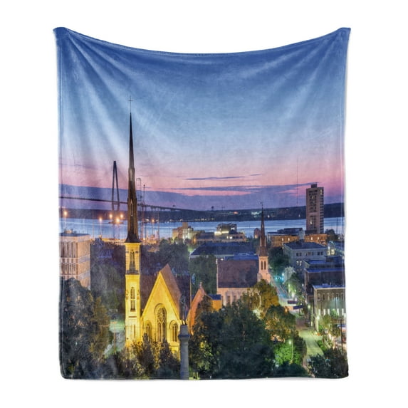 Charleston Soft Flannel Fleece Blanket, Famous Landmark Themed Landscape Photography Downtown Cityscape Atlantic Ocean, Cozy Plush for Indoor and Outdoor Use, 50" x 70", Multicolor, by Ambesonne