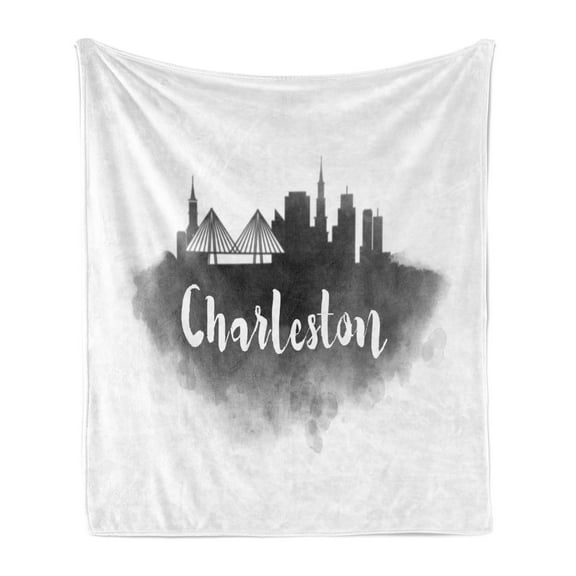 Charleston Soft Flannel Fleece Blanket, Smoky Style City Skyline Simplistic Illustration Modern Graphic Design, Cozy Plush for Indoor and Outdoor Use, 60" x 80", Charcoal Grey White, by Ambesonne