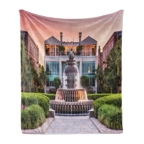 Charleston Soft Flannel Fleece Blanket, South Carolina USA the Waterfront Park Pineapple Fountain Urban Landscape Photo, Cozy Plush for Indoor and Outdoor Use, 60" x 80", Multicolor, by Ambesonne