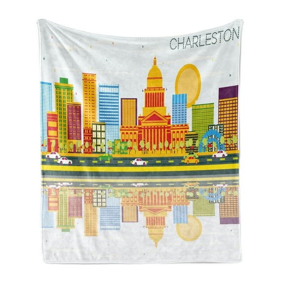 Charleston Soft Flannel Fleece Blanket, West Virginia Business Travel Concept Colorful Skyline United States of America, Cozy Plush for Indoor and Outdoor Use, 60" x 80", Multicolor, by Ambesonne