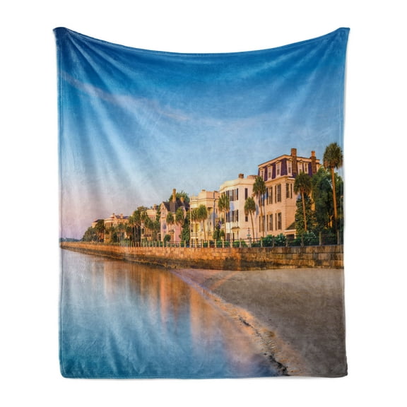 Charleston Soft Flannel Fleece Throw Blanket, Historic Homes of the South Carolina Atlantic Ocean Scene Illustration, Cozy Plush for Indoor and Outdoor Use, 60" x 80", Multicolor, by Ambesonne