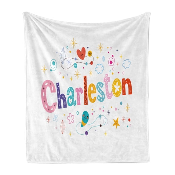 Charleston Soft Flannel Fleece Throw Blanket, Ornamental Colorful Letters with Cartoon Elements Stars Diamond and Flowers, Cozy Plush for Indoor and Outdoor Use, 70" x 90", Multicolor, by Ambesonne