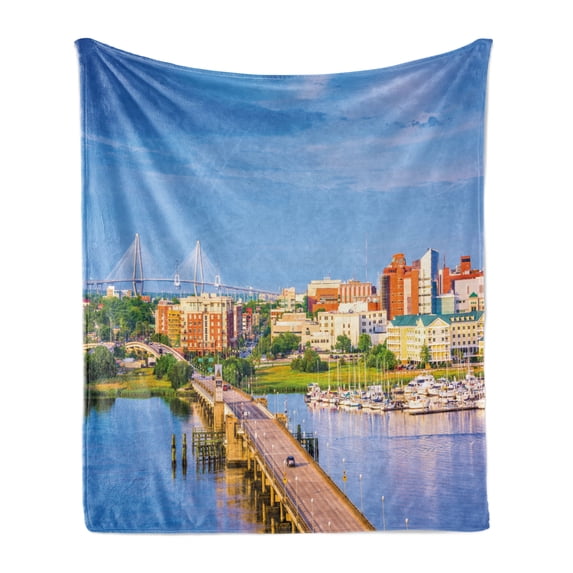 Charleston Soft Flannel Fleece Throw Blanket, South Carolina Landscape Bridge over Ashley River Spring Season Morning Scene, Cozy Plush for Indoor and Outdoor Use, 50" x 70", Multicolor, by Ambesonne