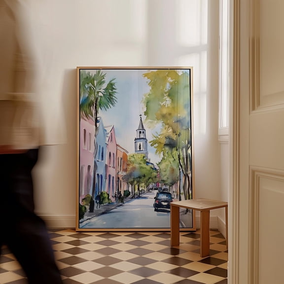 Charleston South Carolina Print Pastel Pink Print Rainbow Row Wall Art Church Street Print Poster Decor, Size 24x36 UNFFRAMED F03.1.8l2232