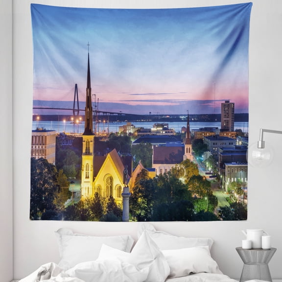 Charleston Tapestry, Famous Landmark Themed Landscape Photography Downtown Cityscape Atlantic Ocean, Fabric Wall Hanging Decor for Bedroom Living Room Dorm, 5 Sizes, Multicolor, by Ambesonne
