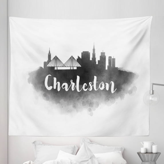 Charleston Tapestry, Smoky Style City Skyline Simplistic Illustration Modern Graphic Design, Fabric Wall Hanging Decor for Bedroom Living Room Dorm, 5 Sizes, Charcoal Grey White, by Ambesonne