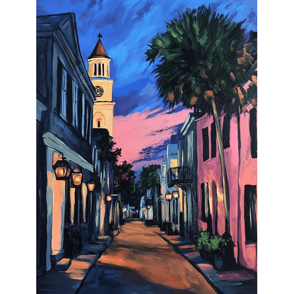 Charleston Twilight Street Scene Canvas Print/Wall Art Perfect for Living Room Bedroom Dining Room Office Hallway Decor.